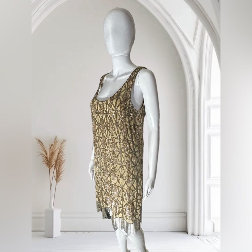 Badgley Mischa Gold Geometric Beaded‎ Fringe Sleeveless Dress